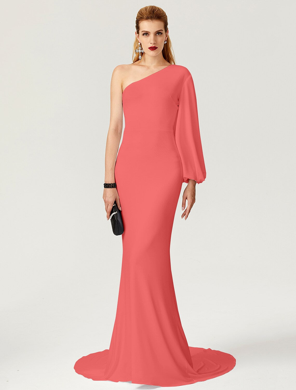 Celebrity Style Evening Dress Engagement Long Sleeve One Shoulder with Pleats