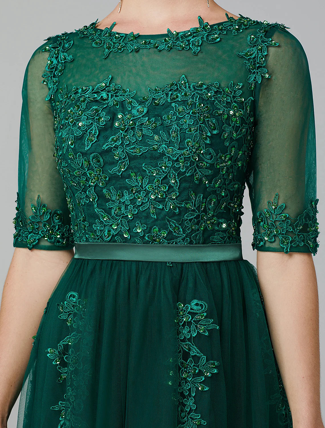 A-Line Elegant Dress Wedding Guest Tea Length Short Sleeve Off Shoulder Tulle with Sash / Ribbon Criss Cross