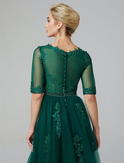 A-Line Elegant Dress Wedding Guest Tea Length Short Sleeve Off Shoulder Tulle with Sash / Ribbon Criss Cross