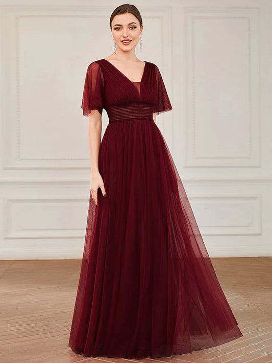 A-Line Bridesmaid Dress V Neck Short Sleeve Plus Size Floor Length Tulle with Ruffles / Draping / Tier