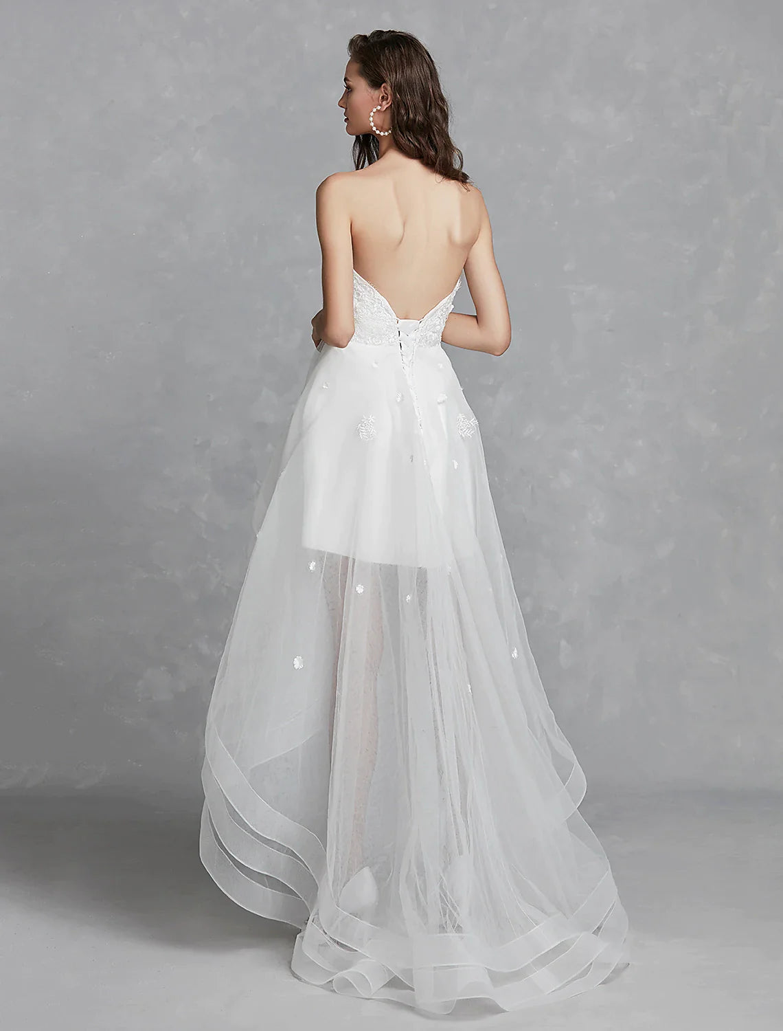 Open Back Little White Dresses Asymmetrical A-Line Strapless Lace With Appliques