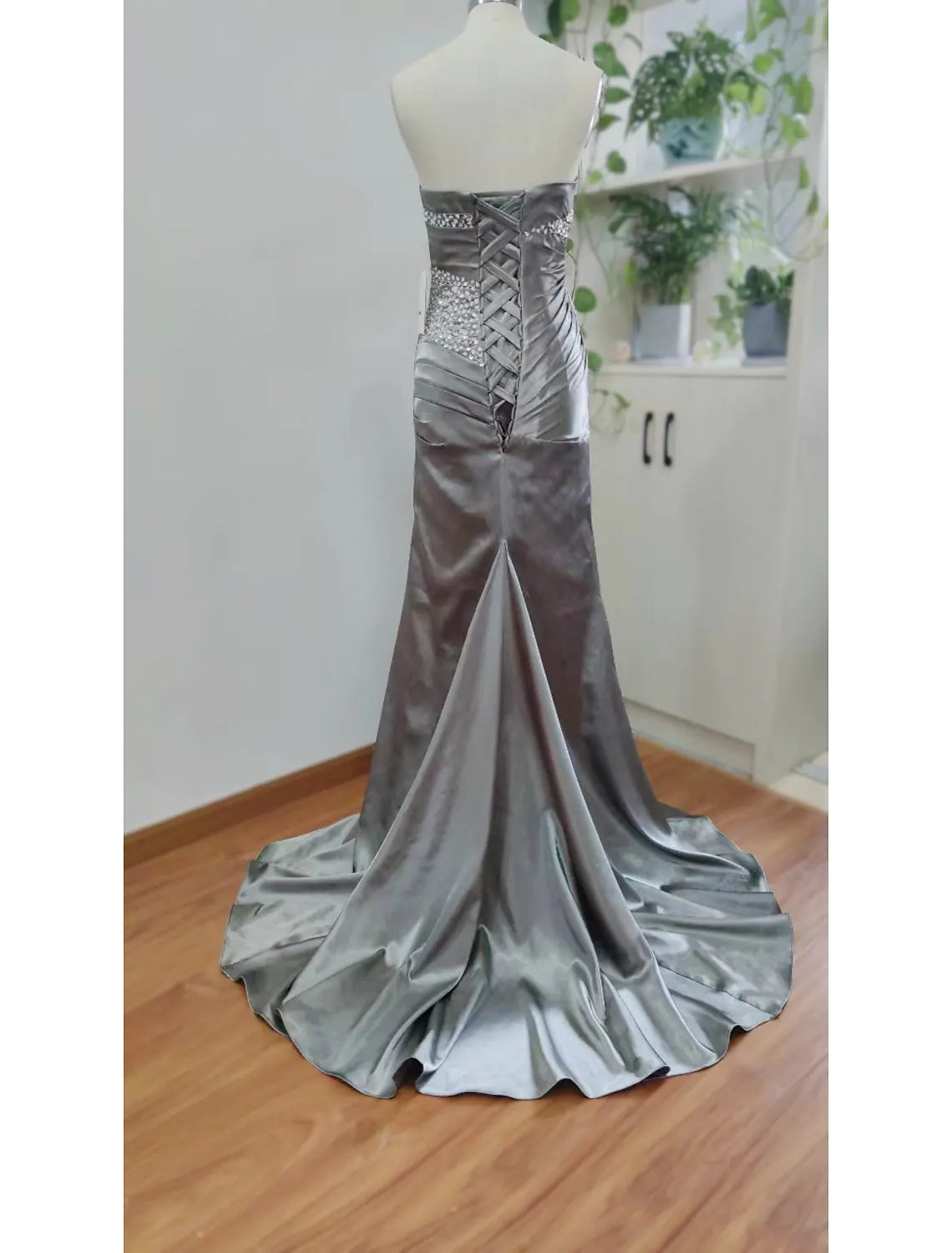Elegant Sparkle Shine Wedding Guest Formal Evening Dress Strapless Sleeveless Satin with Crystals