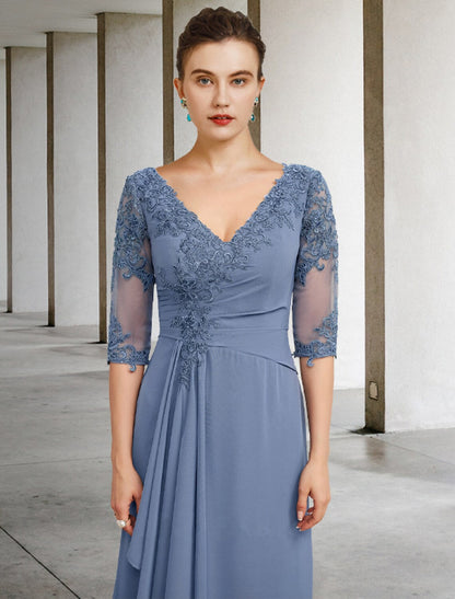 A-Line Mother of the Bride Dress Vintage Elegant V Neck Floor Length Chiffon Lace Half Sleeve Appliques Ruching
