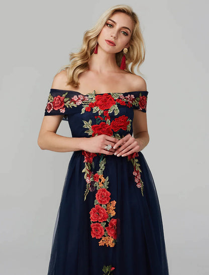 A-Line Prom Dresses Dress Wedding Guest Floor Length Sleeveless Off Shoulder Lace Over Tulle with Embroidery Appliques