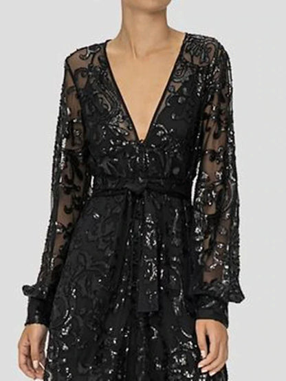 A-Line Mother of the Bride Dress Wedding Guest Elegant Sparkle & Shine V Neck Floor Length Lace Sequined Long Sleeve with Sequin Appliques Split Front