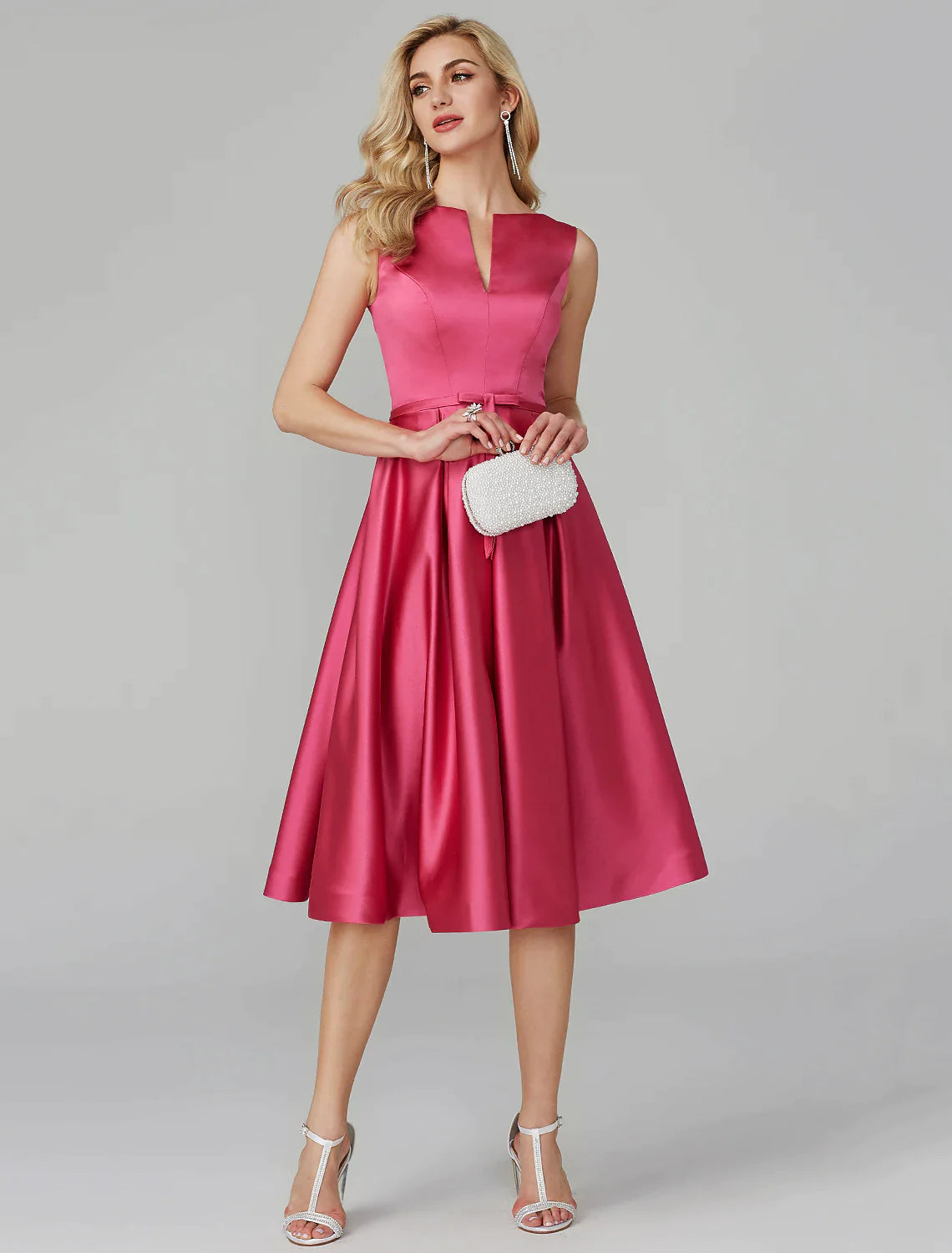 A-Line Party Dress Wedding Knee Length Sleeveless V Satin with Sash Ribbon