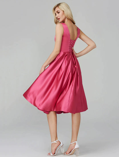 A-Line Party Dress Wedding Knee Length Sleeveless V Satin with Sash Ribbon