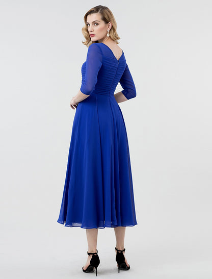 A-Line Elegant Evening Party Dress Boat Neck Length Sleeve Length Ruched Crystal Brooch