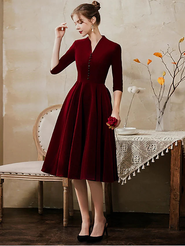 A-Line Minimalist Vintage Party Wear Cocktail Party Dress V Neck Half Sleeve Tea Length Velvet with Sleek