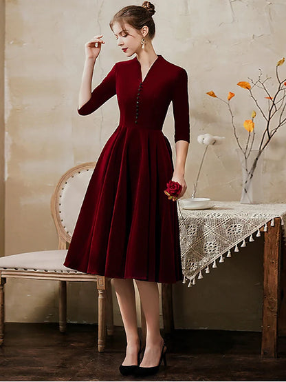 A-Line Minimalist Vintage Party Wear Cocktail Party Dress V Neck Half Sleeve Tea Length Velvet with Sleek