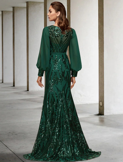 Mother of the Bride Dress Wedding Elegant Chiffon Sequined Long Sleeve with Appliques