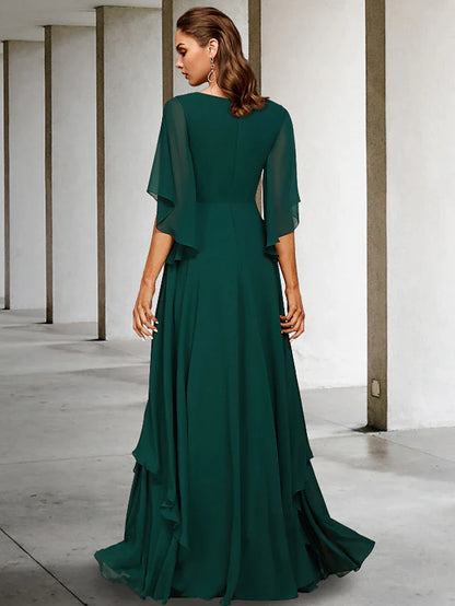 A-Line Mother of the Bride Dress Elegant V Neck Sweep / Brush Train Chiffon Half Sleeve with Sash / Ribbon Ruffles