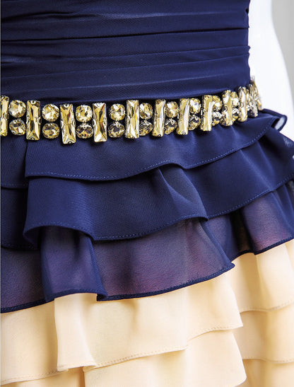 A-Line Color Block Homecoming Cocktail Party Prom Dress Strapless Sleeveless Knee Length Chiffon Sash Ribbon Pleats Beading