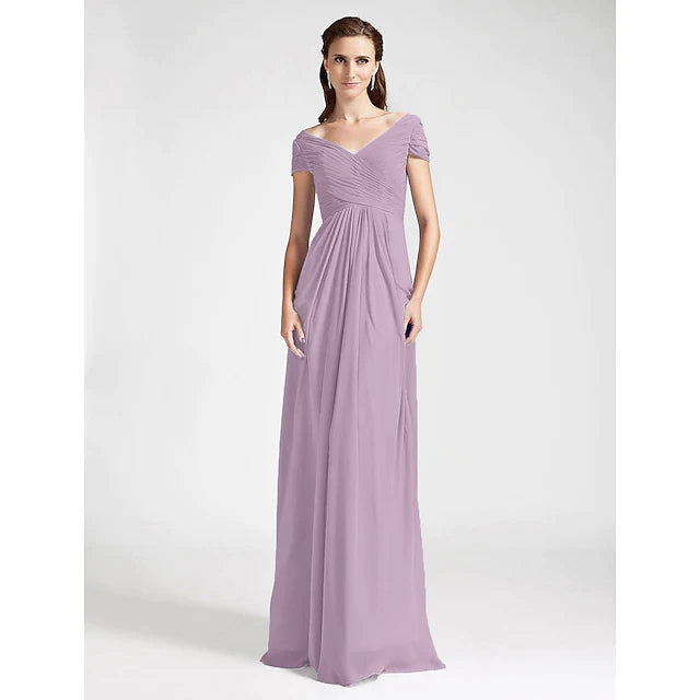 Sheath / Column Bridesmaid Dress V Neck / Off Shoulder Short Sleeve Open Back Floor Length Chiffon with Criss Cross / Draping