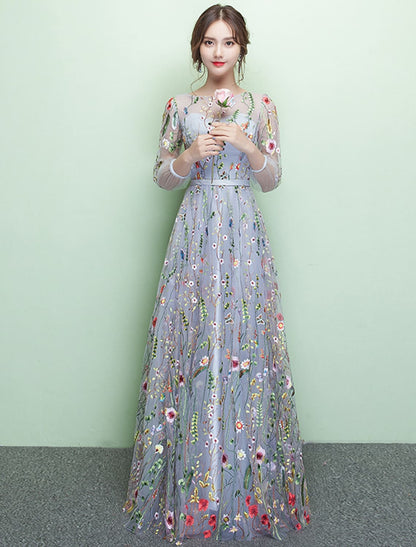 A-Line Elegant Formal Evening Dress Length Sleeve Floor Length Lace with Embroidery
