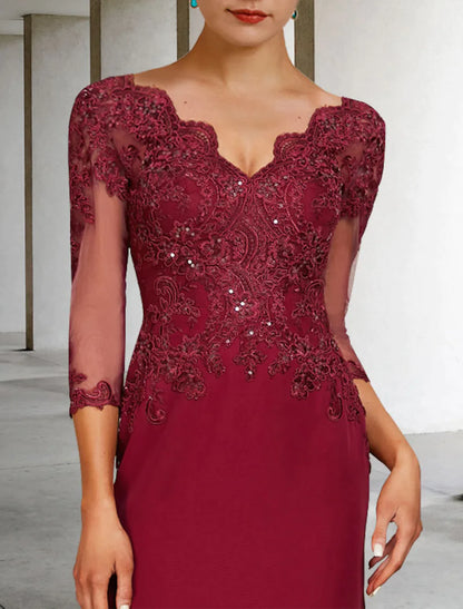 Mother of the Bride Dress Luxurious Elegant V Neck Lace Stretch Chiffon Length Sleeve with Sequin Appliques