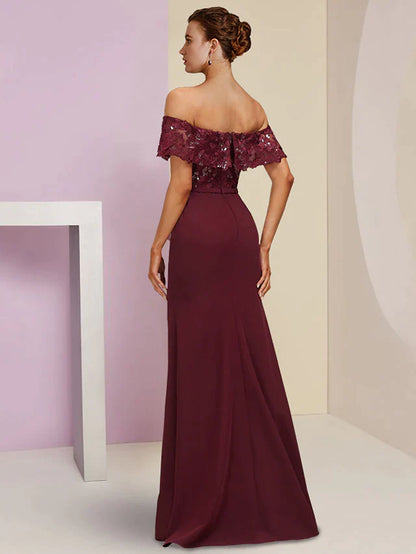 Sheath / Column Mother of the Bride Dress Wedding Guest Party Elegant Off Shoulder Floor Length Chiffon Lace Short Sleeve with Sequin Ruffles