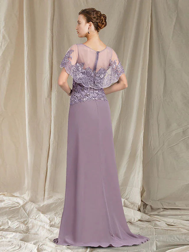 Sheath / Column Mother of the Bride Dress Elegant Jewel Neck Sweep / Brush Train Chiffon Lace Sleeveless with Ruffles Appliques