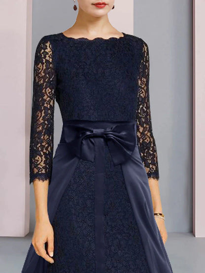 Two Piece Sheath / Column Mother of the Bride Dress Formal Wedding Guest Elegant Scoop Neck Knee Length Chiffon Lace 3/4 Length Sleeve with Bow(s)
