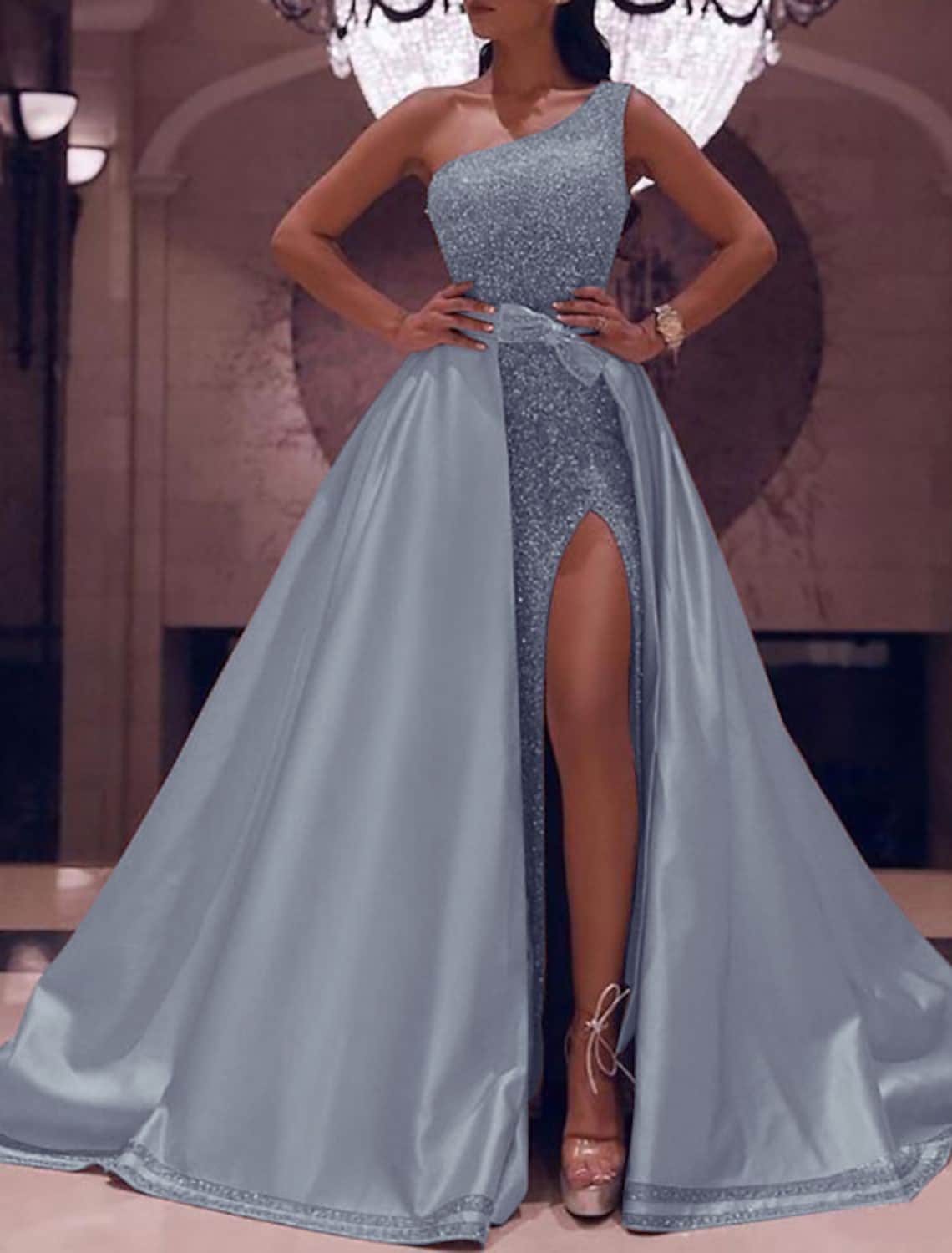 Prom Dresses Sparkly Sexy Dress Evening Party Floor Length Sleeveless One Shoulder Detachable Satin with Bow(s) Sequin Slit