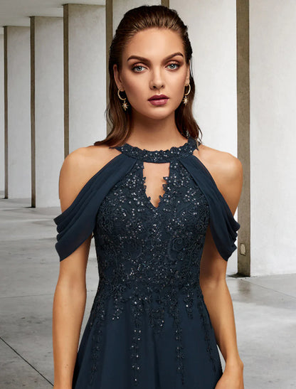 A-Line Mother of the Bride Dress Plus Size Elegant Floor Length Lace Tulle Sequined Sleeveless with Appliques