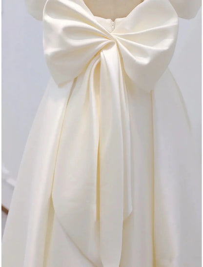 Bridal Little White Dresses Wedding Dresses Knee Length A-Line Short Sleeve Square Neck Satin