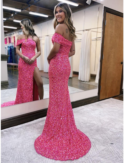 Prom Dresses Sparkle Shine Dress Formal Sleeveless One Shoulder Sequined with Slit