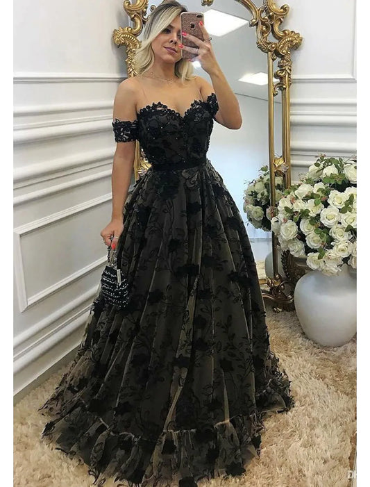 Ball Gown A-Line Prom Dresses Formal Floor Length Sleeveless Wednesday Lace Backless Beading Appliques