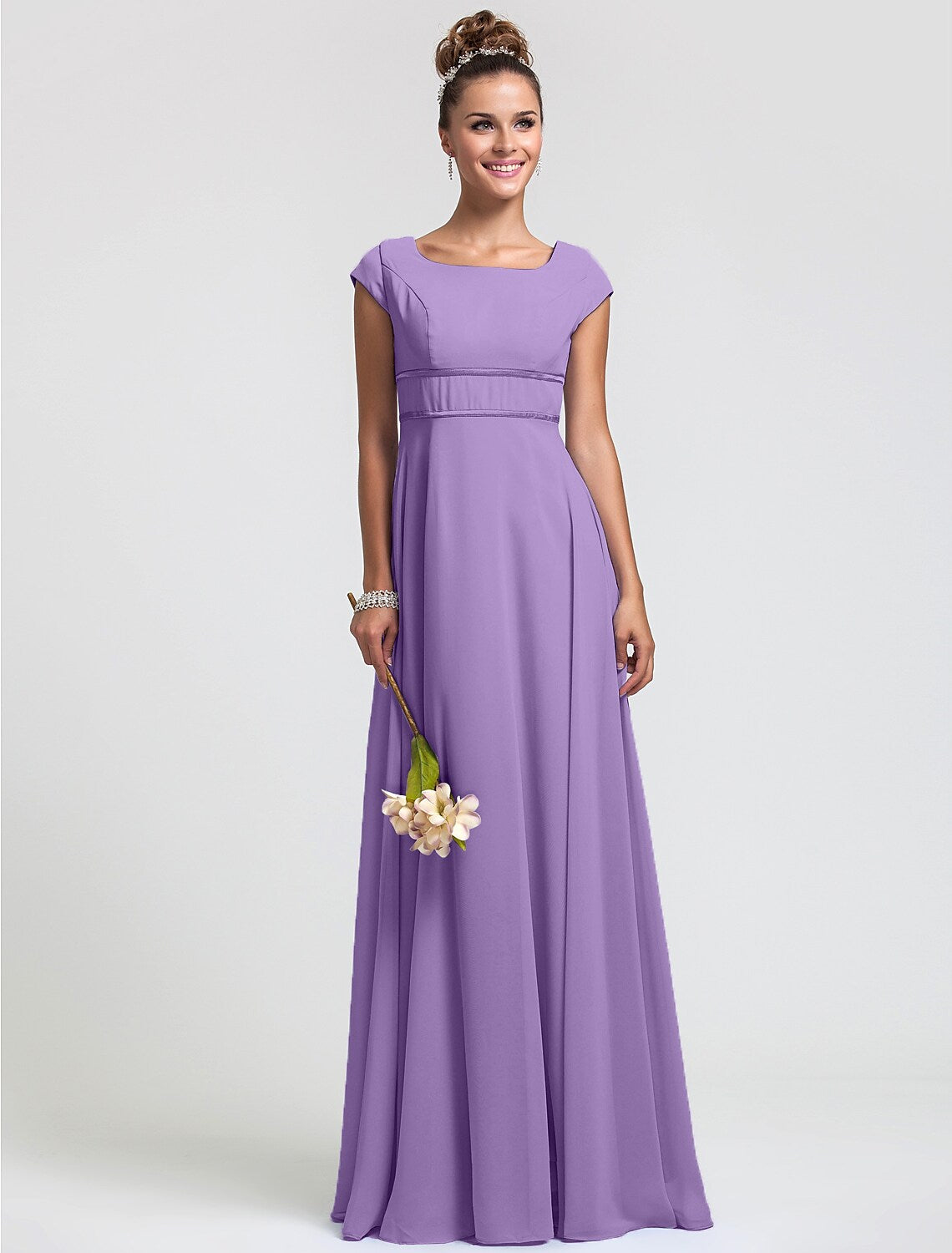 Bridesmaid Dress Square Neck Short Sleeve Elegant Floor Length Chiffon
