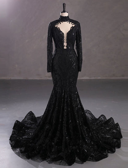 Evening Gown Elegant Dress Engagement Long Sleeve Stand Collar Lace with Sequin