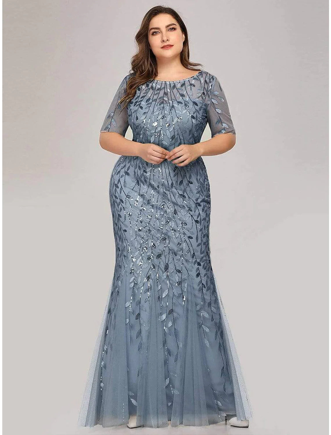 Elegant Party Wear Formal Evening Dress Short Sleeve Floor Length Tulle with Embroidery