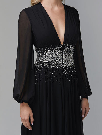 A-Line Evening Dress Celebrity Red Carpet Formal Gown Black Wedding Guest Floor Length Long Sleeve V Neck Chiffon with Sequin