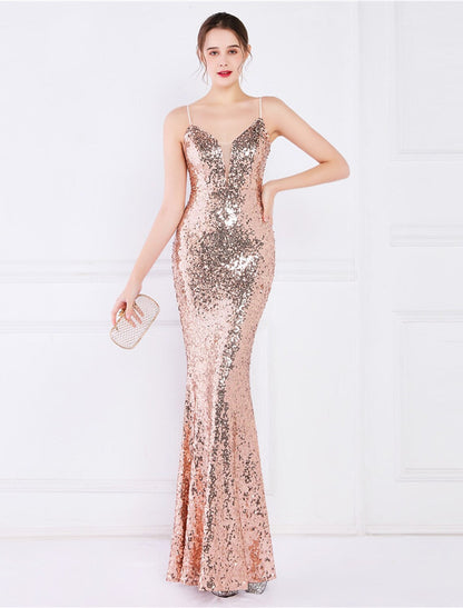 Evening Gown Elegant Dress Wedding  Floor Length Sleeveless Strap Sequined V Back