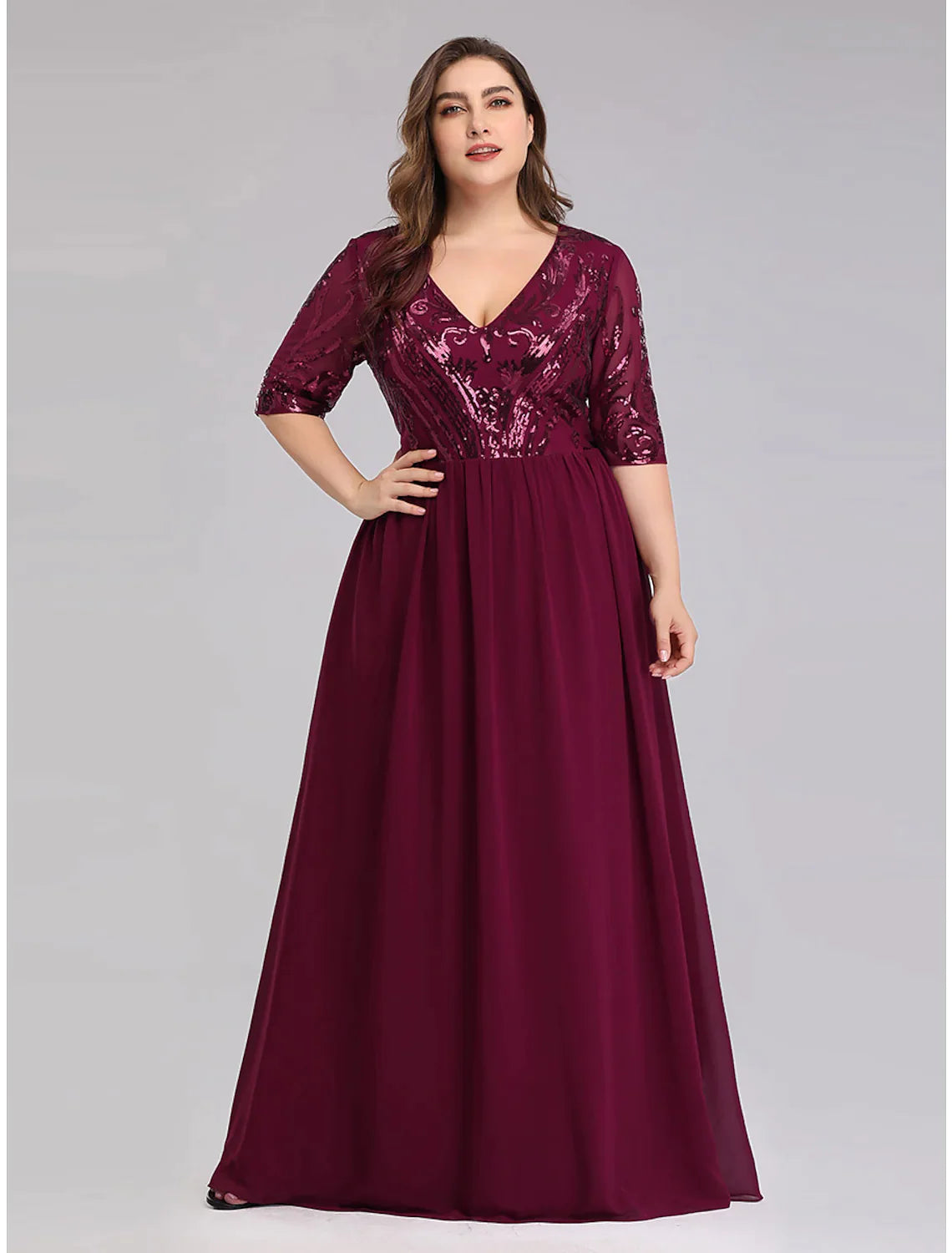 A-Line Prom Dresses Plus Size Dress Wedding Guest Floor Length Half Sleeve Plunging