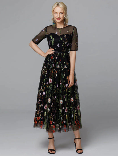 A-Line White Dress Holiday Half Sleeve Lace with Embroidery Appliques
