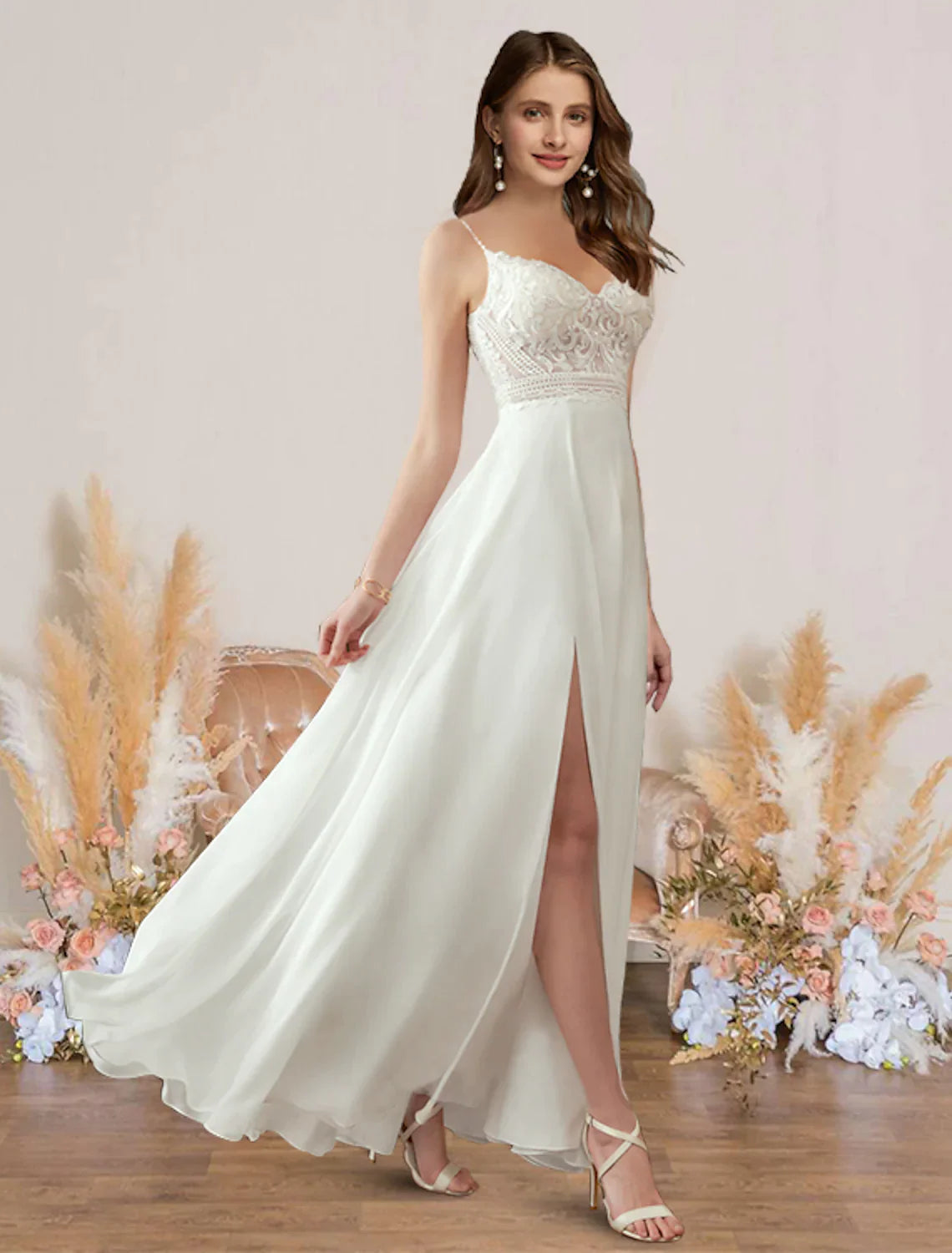 Romantic A-line Sweetheart Spaghetti Strap V Back High Slit Floor Length Party Dress