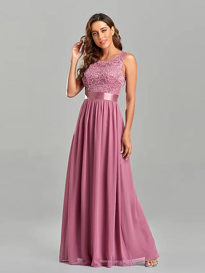 A-Line Evening Gown Dress Party Wear Floor Length Short Sleeve Jewel Neck Chiffon with Embroidery