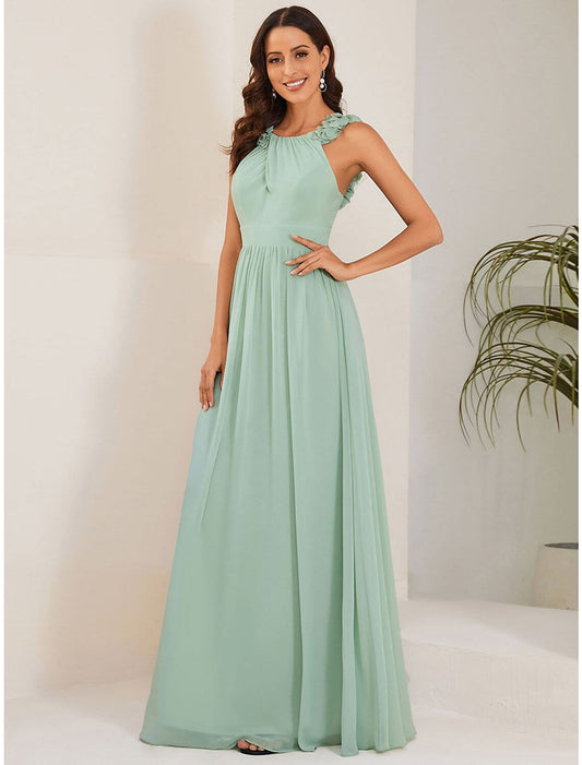 A-Line Wedding Guest Dresses Elegant Dress Formal Floor Length Sleeveless Chiffon with Pleats Flower