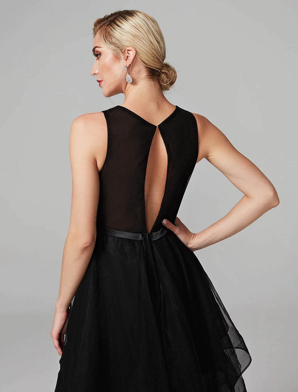 Dress Knee Length Sleeveless Satin Beading Cascading Ruffles