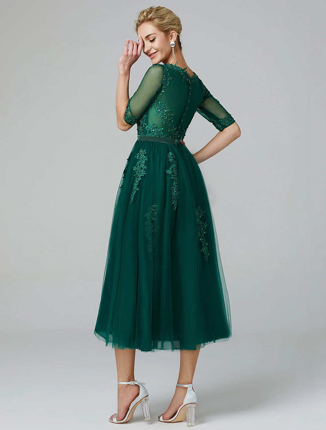 A-Line Elegant Dress Wedding Guest Tea Length Short Sleeve Off Shoulder Tulle with Sash / Ribbon Criss Cross