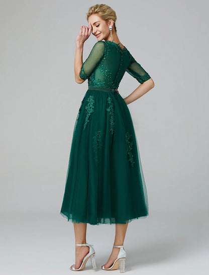 A-Line Elegant Dress Wedding Guest Tea Length Short Sleeve Off Shoulder Tulle with Sash / Ribbon Criss Cross
