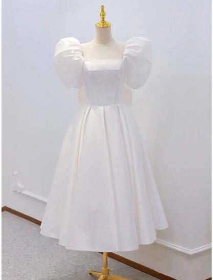 Bridal Little White Dresses Wedding Dresses Knee Length A-Line Short Sleeve Square Neck Satin