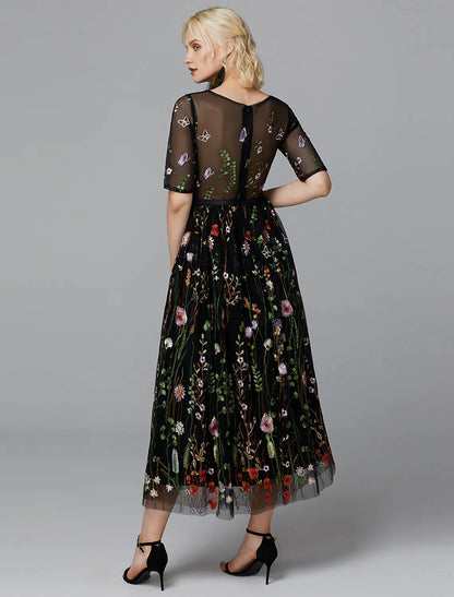 A-Line White Dress Holiday Half Sleeve Lace with Embroidery Appliques