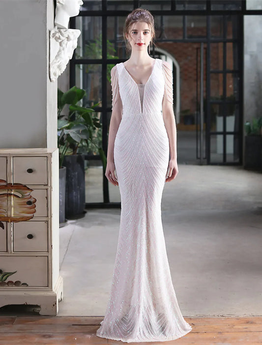 Prom Dresses Elegant Dress Formal Floor Length Sleeveless V Neck Sequined with