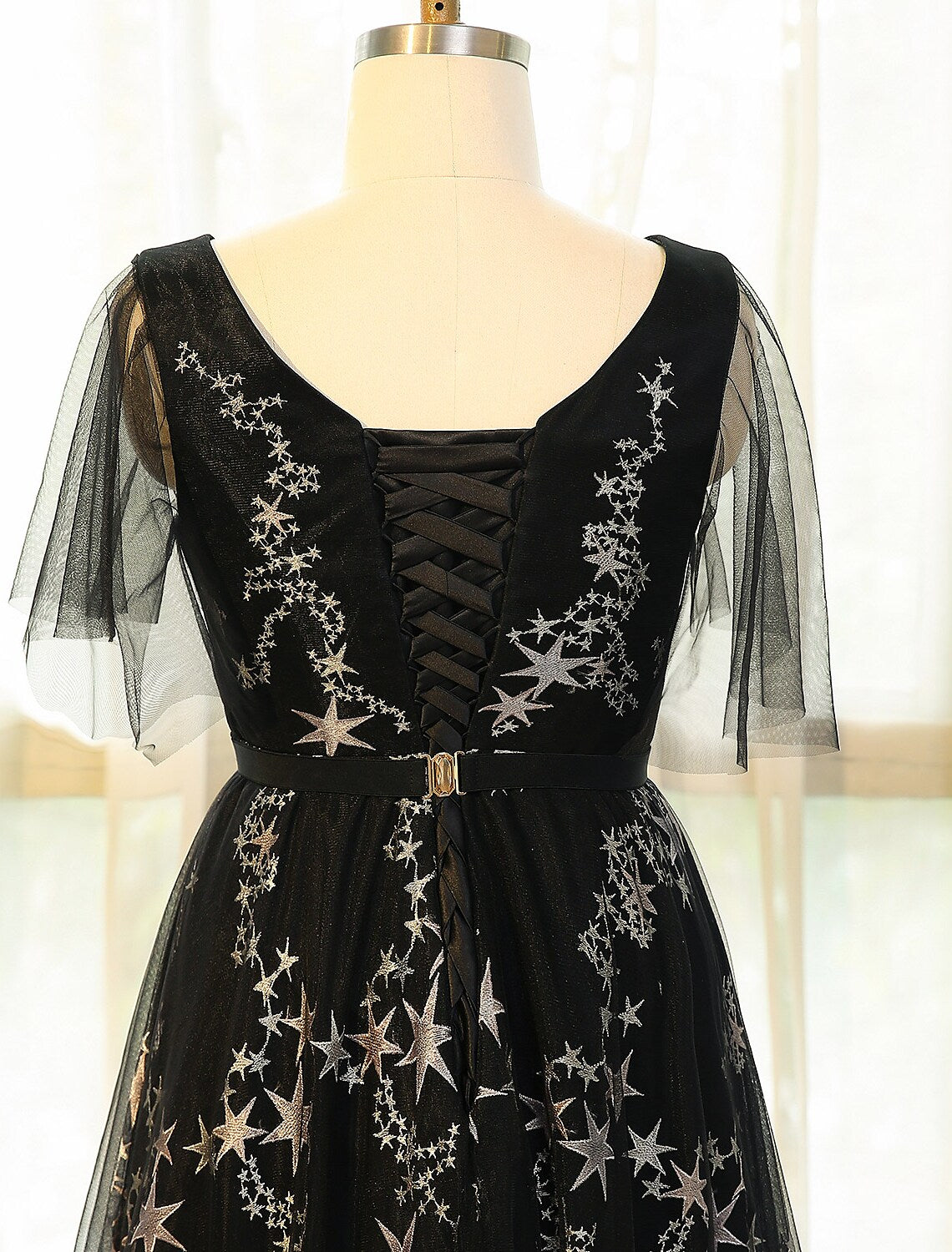 A-Line Plus Size Prom Formal Evening Dress V Neck Half Sleeve Floor Length Lace with Sash Ribbon Pleats Sequin