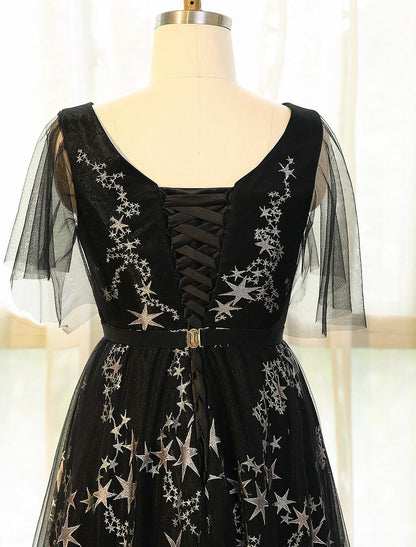 A-Line Plus Size Prom Formal Evening Dress V Neck Half Sleeve Floor Length Lace with Sash Ribbon Pleats Sequin