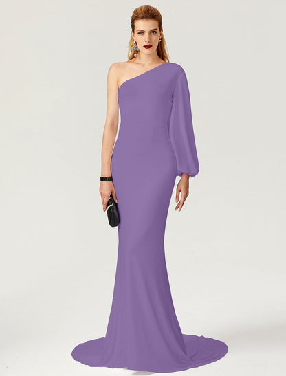 Celebrity Style Evening Dress Engagement Long Sleeve One Shoulder with Pleats