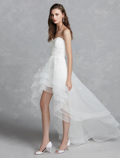 Open Back Little White Dresses Asymmetrical A-Line Strapless Lace With Appliques