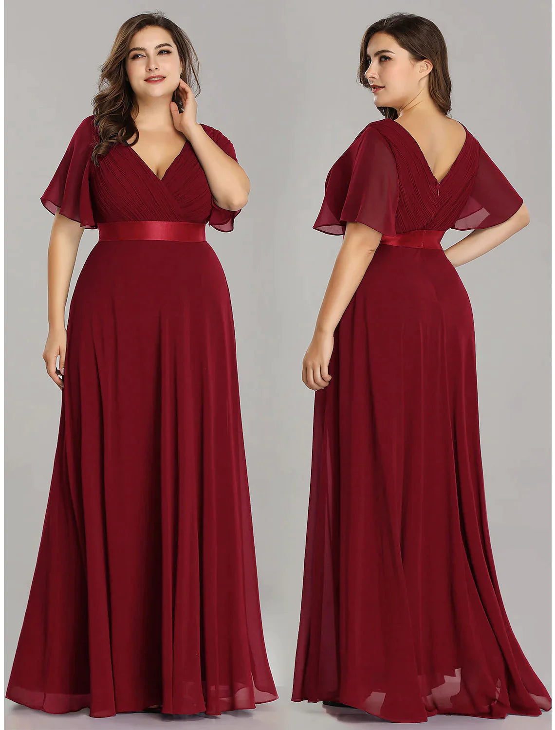 A-Line Plus Size Prom Formal Evening Dress V Neck V Back Short Sleeve Floor Length Chiffon with Pleats Ruched
