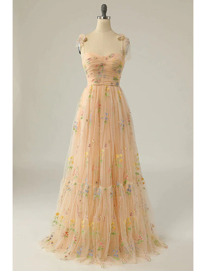 A-Line Prom Dresses Floral Dress Formal Floor Length Sleeveless Sweetheart Lace Backless with Pleats